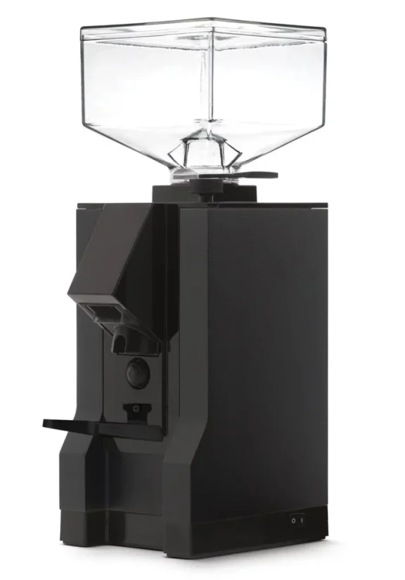 Black Eureka Mignon electric grinder with manual control on a white background