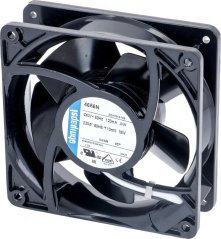 Axialventilator mat quadrateschem schwaarze Kader a Schaufelrad, Schëld mat technesche Donnéeën an der Mëtt.