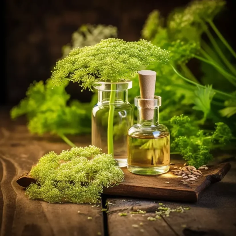 Flacon en verre avec de l'huile essentielle d'Angélique 100% naturelle d'un volume de 10 ml avec un parfum herbacé.