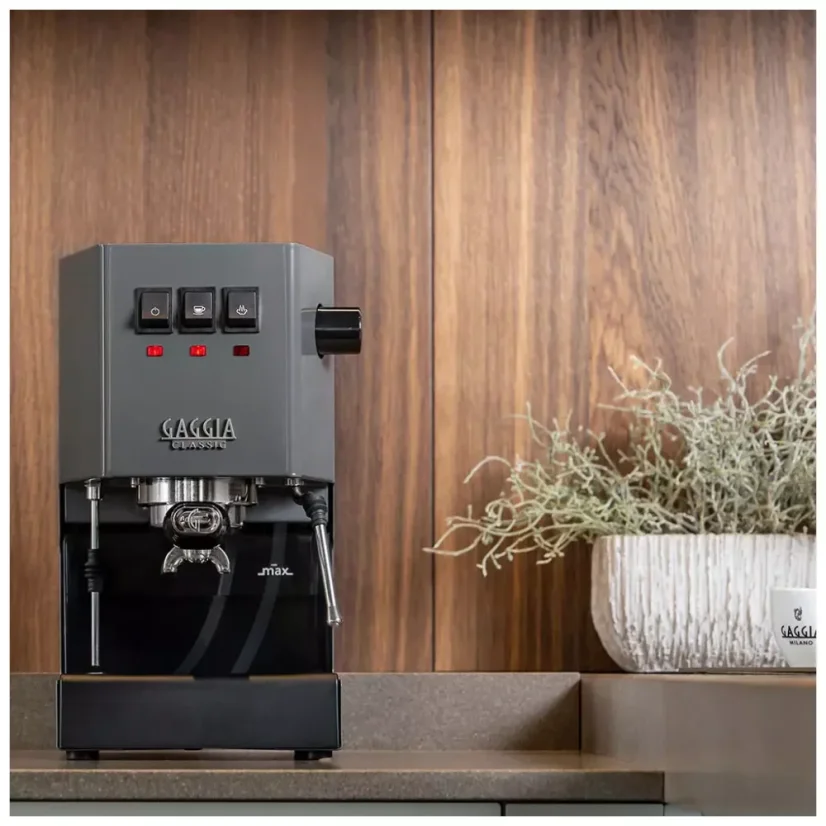 Grey domestic single-boiler espresso machine.