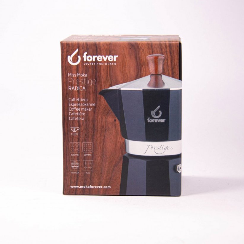Package of Forever Prestige Radica moka pot for two cups of coffee.
