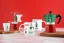 Bialetti Moka Express Italia coffee maker for 6 cups, with matching colored serving cups.