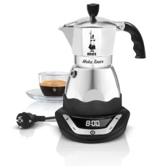 Electric Bialetti Moka Timer coffee maker for 6 cups, ideal for quick espresso preparation.