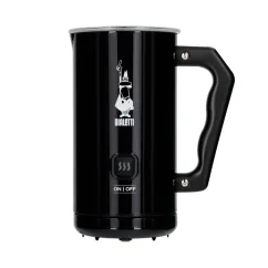 Black Bialetti MKF02 Nero milk frother for cappuccino preparation.