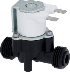 Elektromagnetesch Ventil RPE eng-Wee 180°, mat wäisser Plastikspull, Metallkierper a zwee Gewandanschlëss.