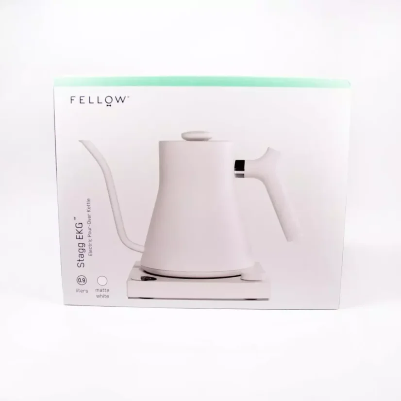 White electric kettle in original packaging.