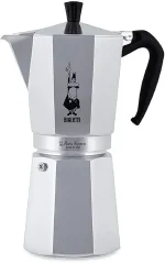 Classic Bialetti Moka Express aluminum coffee maker for 12 cups.