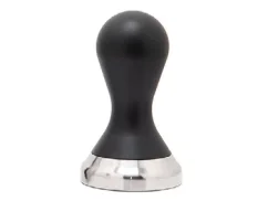 Silver tamper with a black grip on a white background