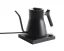 Black electric kettle on a black base against a white background, side view