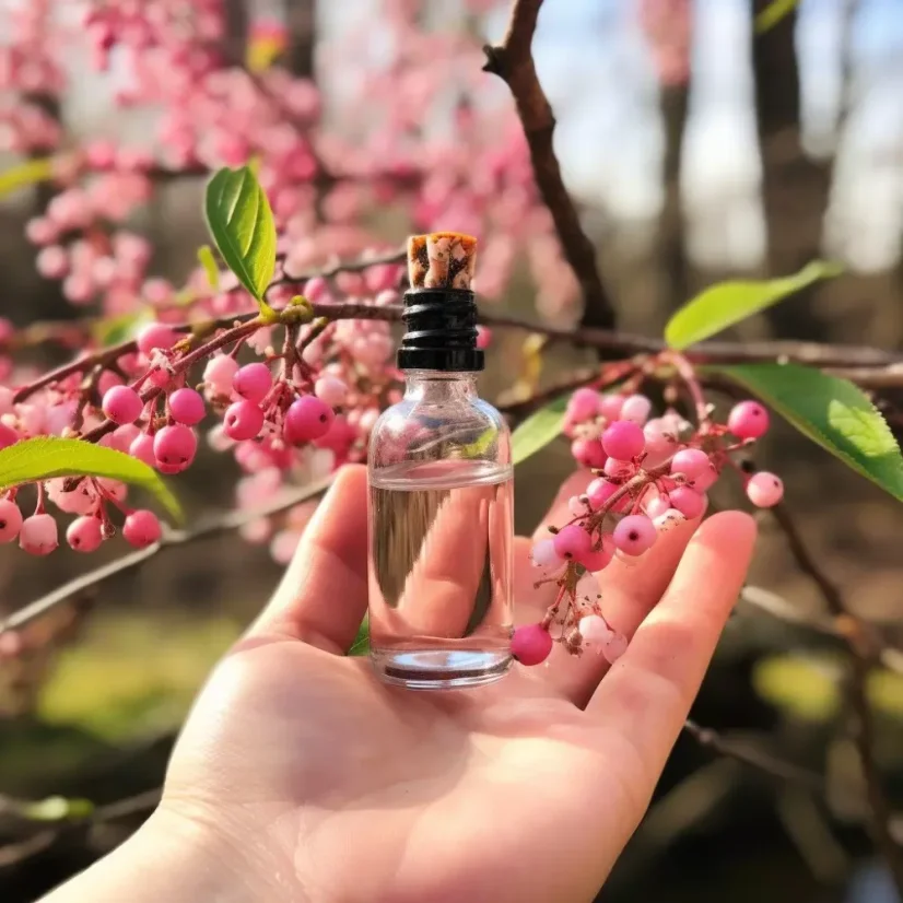 Pink pepper 100% natural essential oil in a 10 ml bottle, certified as suitable for vegans.