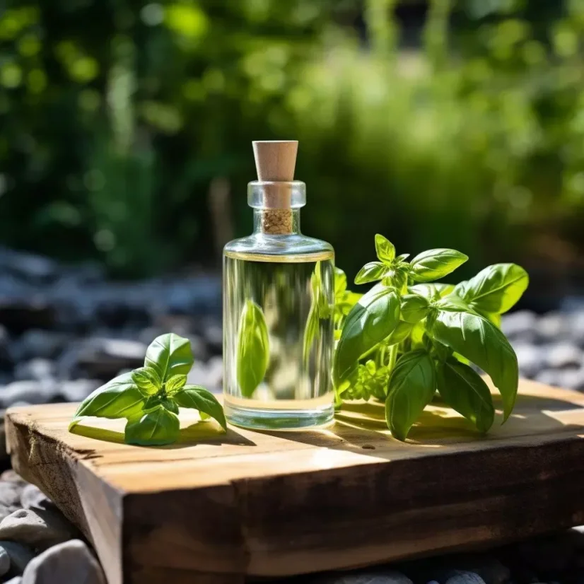 Glass bottle with 10 ml of 100% natural basil essential oil, perfect for use in spring.