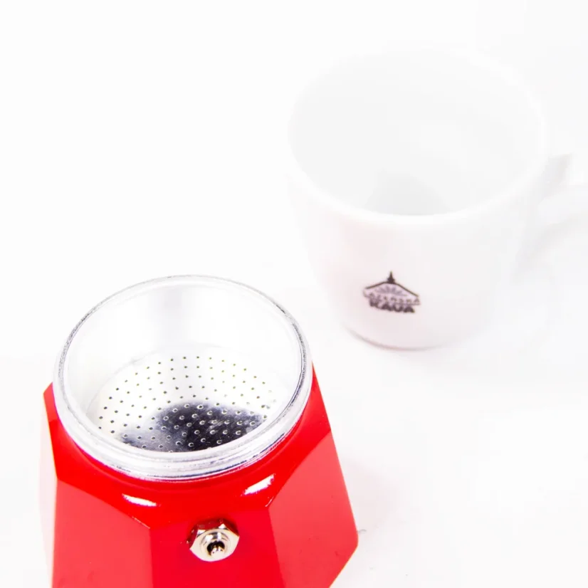 Lower part of a Bialetti Moka pot and a cup with a coffee logo.