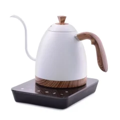 White electric kettle with a capacity of 900 ml, featuring a wooden handle on a black base against a white background, side view
