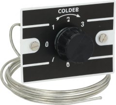 Thermostat Ranco an engem schwaarze Plastiksgehäis mat engem Dréiknäppchen an enger laanger Kapillar mat Sond