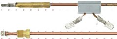 Ënnerbrache Thermoelement mat engem Bolzespëtzt, enger grauer Ënnerbriechungsbox mat zwee flaache Konnektoren an engem Schraufenn. Ënnerbrache Thermoelement mat engem Bolzespëtzt, enger grauer Ënnerbriechungsbox mat zwee flaache Konnektoren an engem Schraufenn.