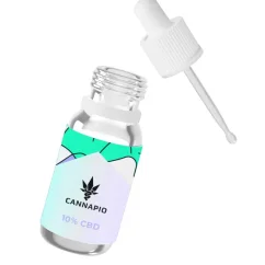Botella de aceite de CBD Cannapio con 10 ml de aceite natural de espectro completo y una concentración del 10%.