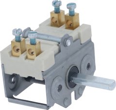 Dréikiwwelschalter mat Metallkonsole, keramesche Klemmblock mat Schrauwen an enger Ausgangswell fir de Knäppchen.