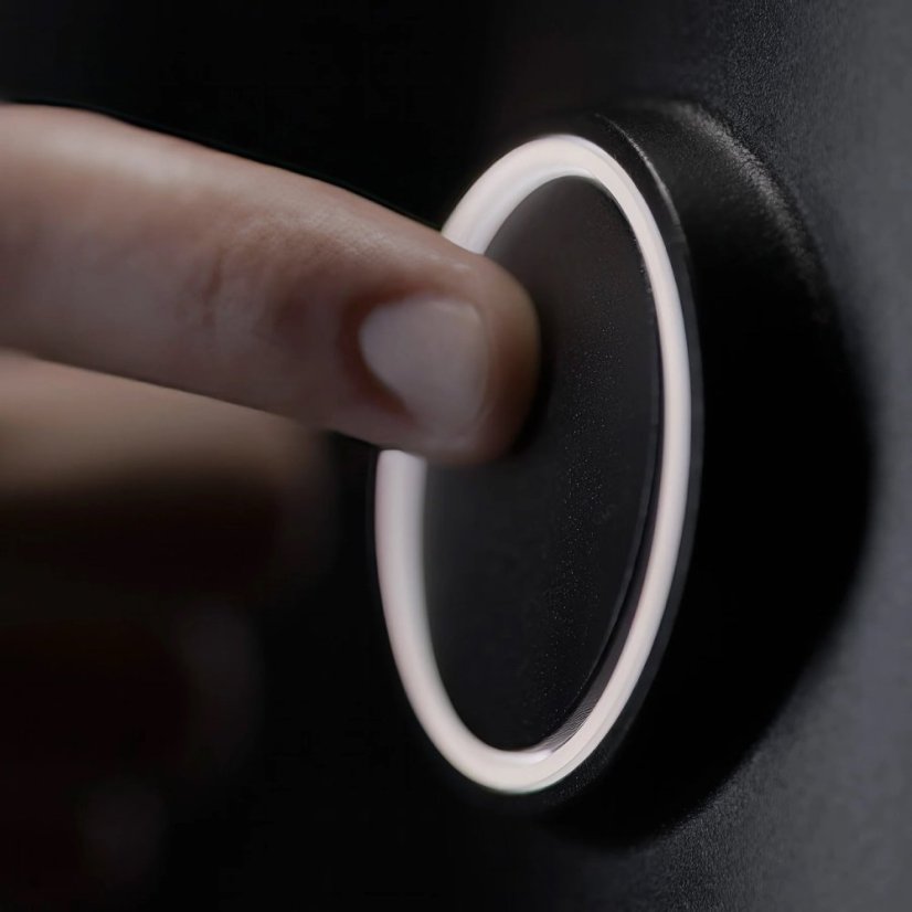 LED backlit button for turning on and off.
