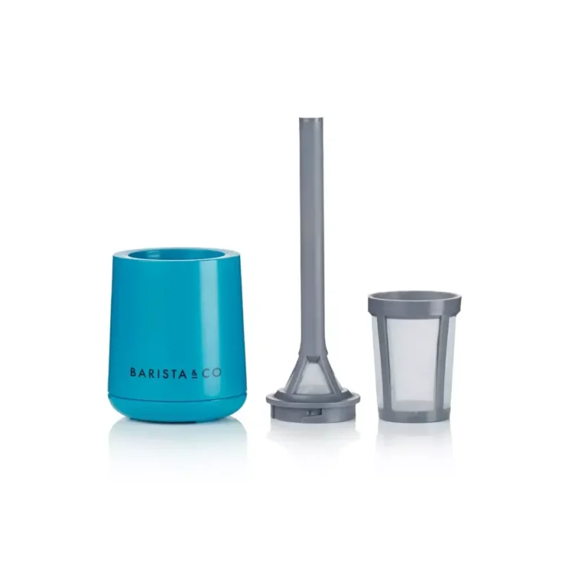 Set of gray plastic strainer with a blue drip tray
