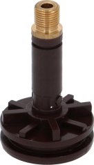 Uewe Piston vun der Brühgrupp, e brongen Plastikkierper mat engem Messing-Gewend un den zwee Enner.