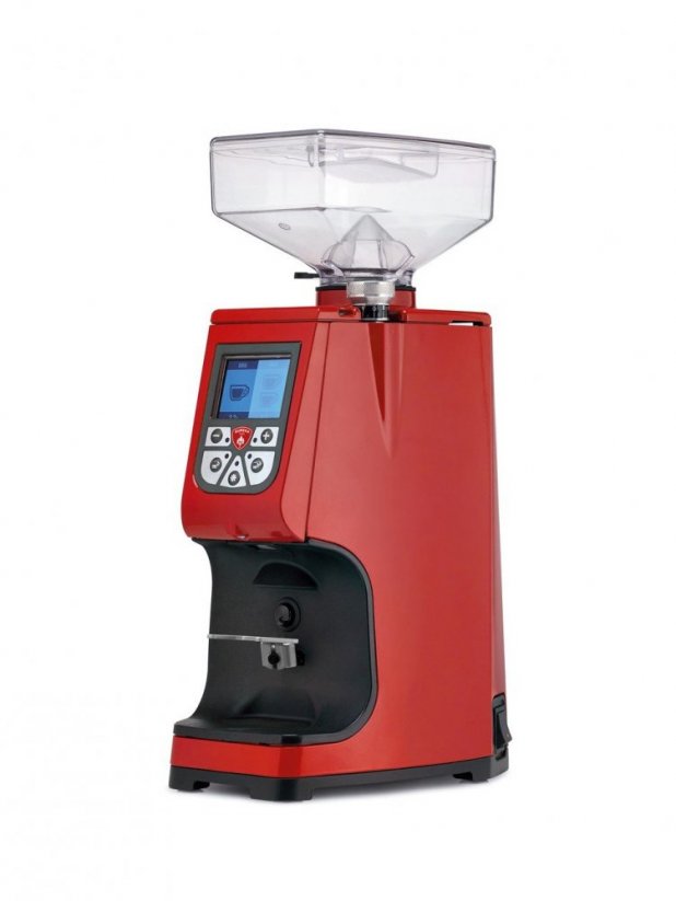 Eureka Atom 60 red coffee grinder.