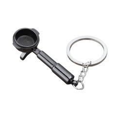 Schwarzer Schlüsselanhänger in Form eines Portafilters ist ein tolles Geschenk für alle Kaffeeliebhaber, das einen stilvollen Akzent im Alltag setzt.