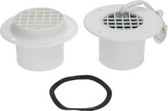 Ausgläichventil Fermod 2220TN, zwee wäiss ronn Plastikkappe mat engem Gitter, eng mat engem Kabelausgang, an eng schwaarz Dichtung.