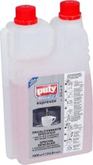Zwou verbonne Plastikflëschen Entkalker Puly Descaler Espresso mat roude Verschlëss a rosaner Flëssegkeet, 1000 ml.