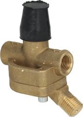 Gasregulator DK 2 bar Ø 1/4" FF, Messengregulator mat schwaarzem Gummideckel uewen a Gewandsausgäng op de Säiten