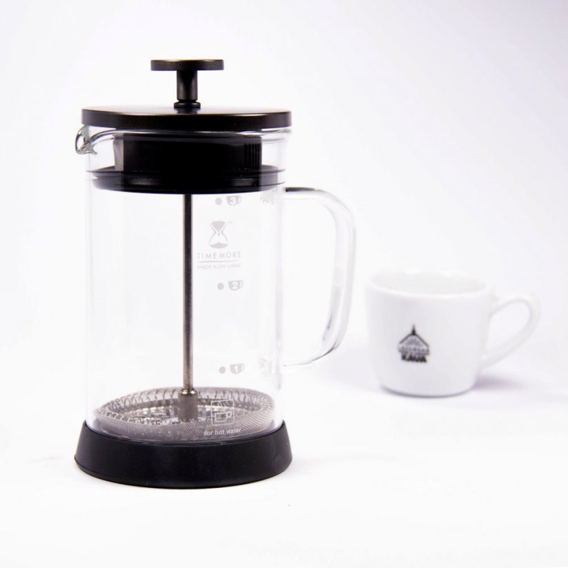Timemore French Press and a cup with the Spa Coffee logo in the background.