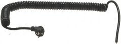 Schwaarzt, spiralfërmeg gedréint Kabel mat Netzstecker um engem Enn