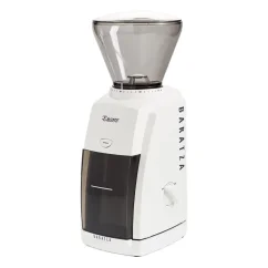 White Baratza Encore electric coffee grinder, ideal for home use. White Baratza Encore electric coffee grinder, ideal for home use.