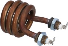 Spiralfërmeg opgerollte Kupferheizelement mat zwee gewuente Messingenden mat wäisse Isoléierhülsen. Spiralfërmeg opgerollte Kupferheizelement mat zwee gewuente Messingenden mat wäisse Isoléierhülsen.