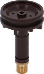 Uewe Piston vun der Brühgrupp, Usiicht vun der ronn Uewescht Plack mat Lächer an engem Messing-Gewend.