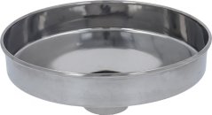 Ronnen Inox-Trichter a Schuelform mat engem glate Rand an engem Ausgang an der Mëtt vum Buedem. Ronnen Inox-Trichter a Schuelform mat engem glate Rand an engem Ausgang an der Mëtt vum Buedem.