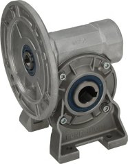 Aluminium-Schneckegetriib mat Flansch an enger Achs mat blo Dichtung, vun der anerer Säit gekuckt.