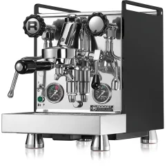 Domowy ekspres do kawy Rocket Espresso Mozzafiato Cronometro R w czarnym wykończeniu, idealny do przygotowania cappuccino.