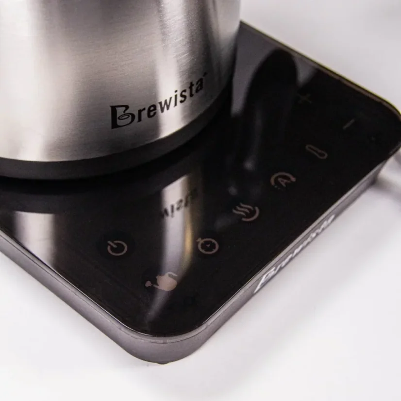 Black Brewista Smart Pour 2 kettle with adjustable temperature and timer, featuring temperature hold function.