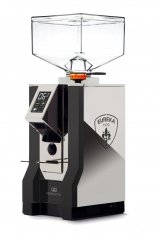 Eureka Mignon Perfetto espresso grinder with chrome body and Eureka logo.