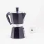 Classic black Bialetti Moka Express coffee maker for brewing six cups of coffee.