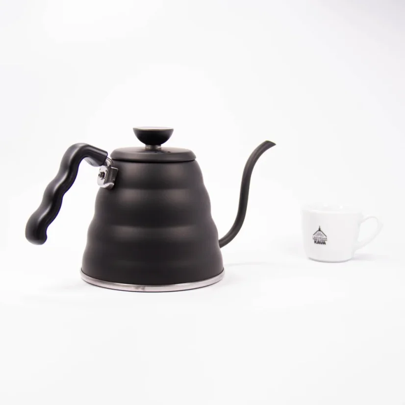 Black gooseneck kettle Hario Buono with a 1.2-liter capacity, suitable for use on ceramic hobs.