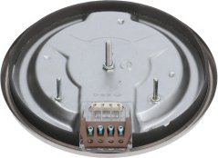 Elektresch Kachplack vun der Réckséit mat Metallgehäus an enger Klemmleist mat dräi Konnektoren, aneren Ausschnëtt