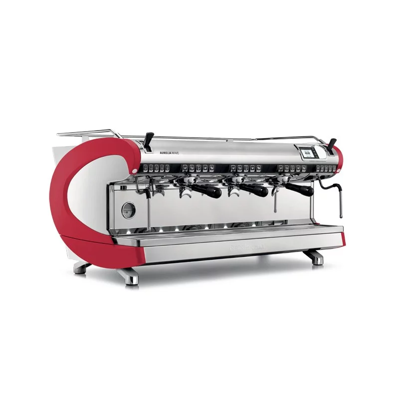 Profesionálny pákový kávovar Nuova Simonelli Aurelia Wave 3GR v výraznej červenej farbe, špecializovaný na prípravu espressa.