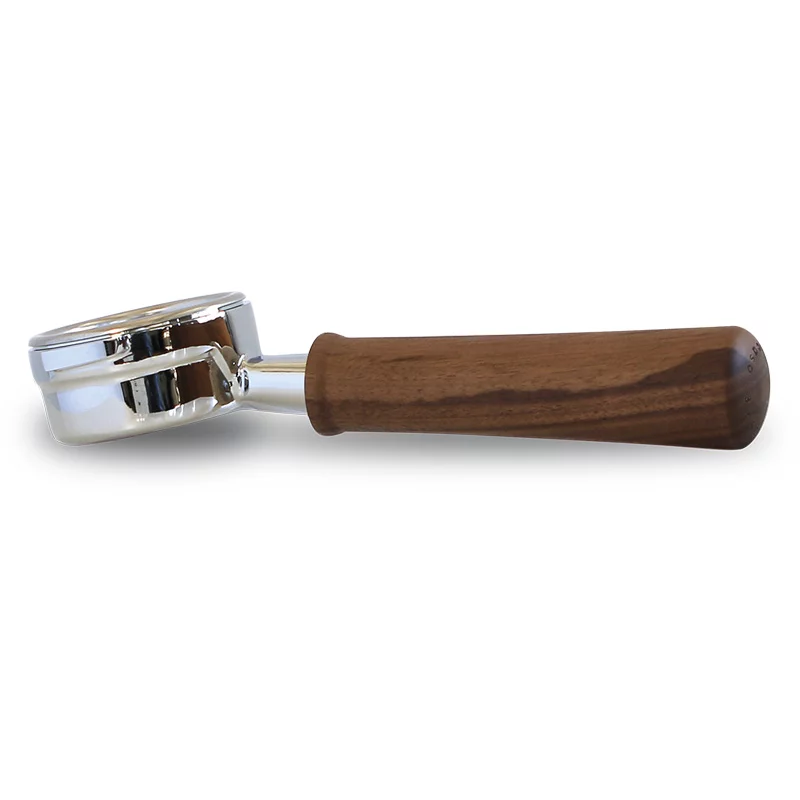 Filtre à piston professionnel Ascaso sans fond avec un manche en bois de noyer et un corps en acier inoxydable.