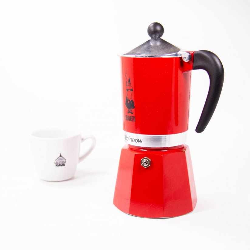 Bialetti Rainbow in red and coffee cup.