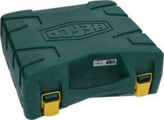 Rouersaz mat Flansch Flare-e-M, zouene grénge Transportkoffer mat giele Schlässer. Rouersaz mat Flansch Flare-e-M, zouene grénge Transportkoffer mat giele Schlässer.