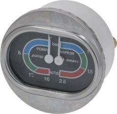 Ronnt Manometer mat zwee Zeeger an enger faarwlech ënnerscheedener Skala vu Pompel a Boiler.
