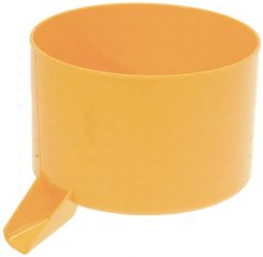 Giel zylindresch Plastik-Opfänkschuel mat engem säitleche Ausgossuschloss.