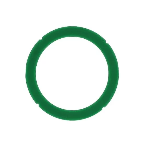 Green silicone coffee machine head gasket on a white background