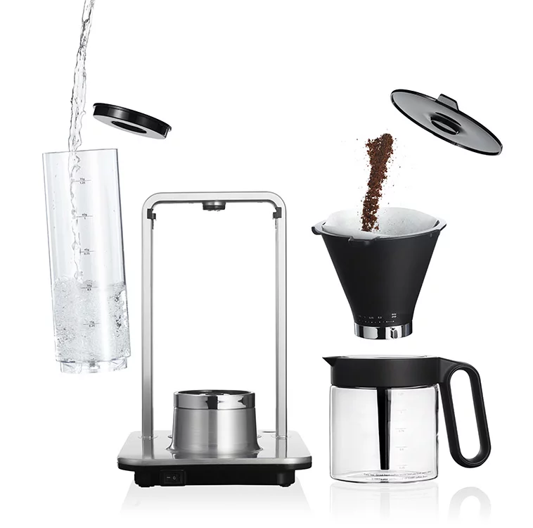 Detail of individual parts of a Wilfa drip coffee maker on a white background, side view